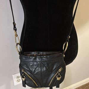 B. Makowsky Black Leather Crossbody Bag with Gold Hardware